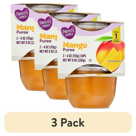(3 pack) Parent's Choice Stage 1 Baby Food Mango Puree, 4 oz Cups, 2 Pack