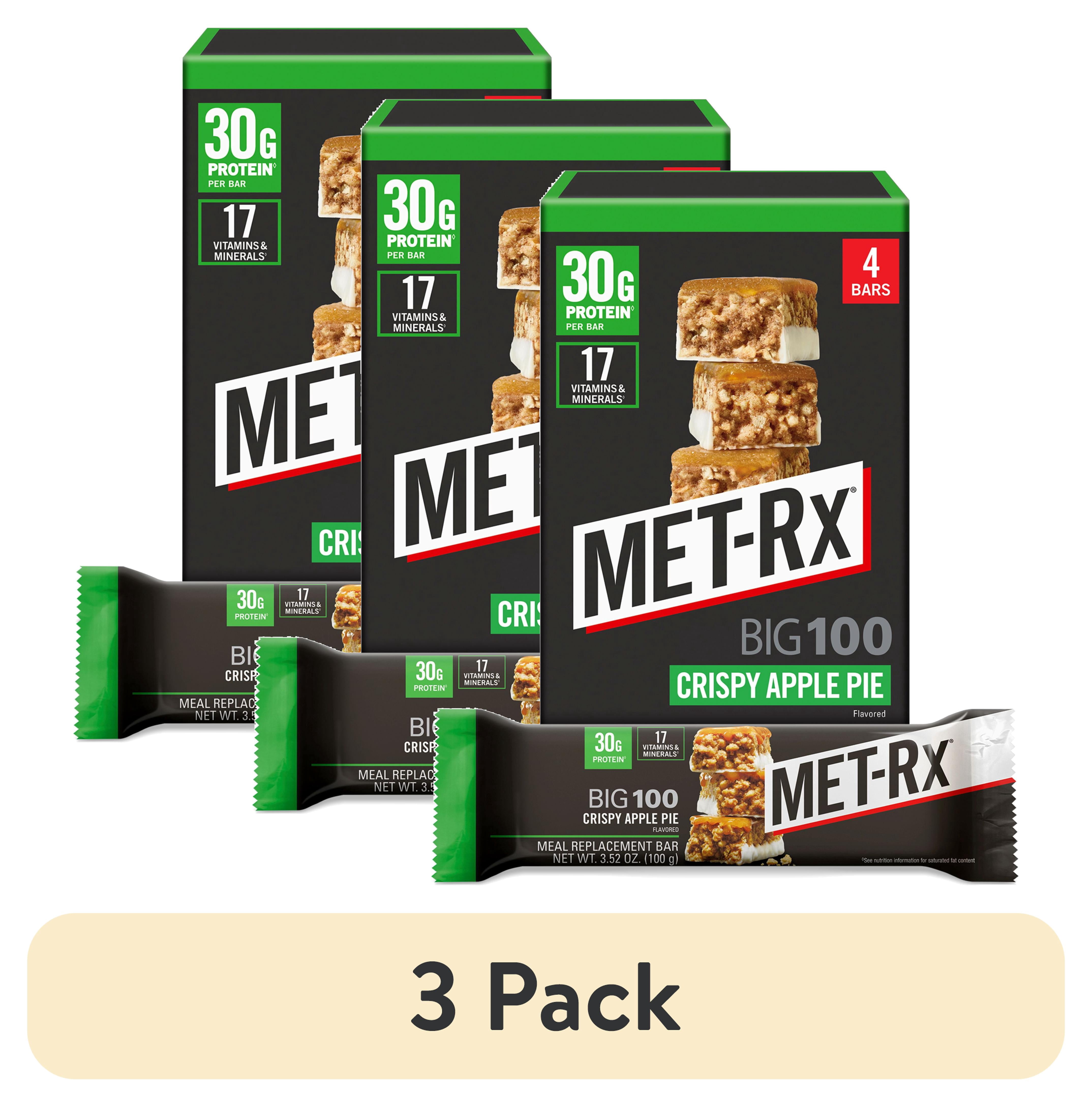 (3 pack) MET-Rx Big 100 Colossal Protein Bars, Crispy Apple Pie Meal Replacement Bars, 4 Ct