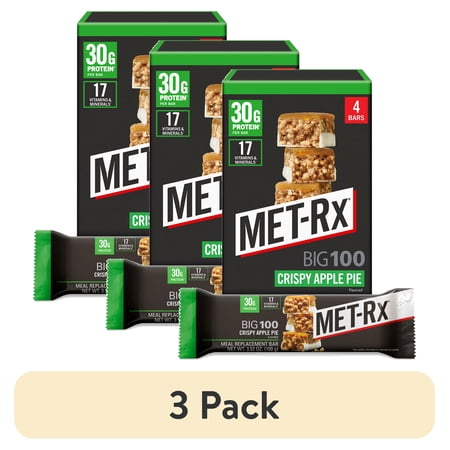 (3 pack) MET-Rx Big 100 Colossal Protein Bars, Crispy Apple Pie Meal Replacement Bars, 4 Ct