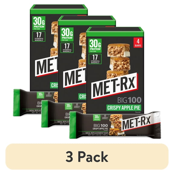 (3 pack) MET-Rx Big 100 High Protein Meal Replacement Bars, Crispy Apple Pie, 30g Protein, 3.52 oz, 4 Count