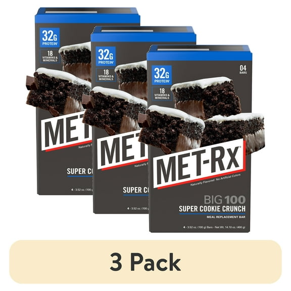 (3 pack) MET-Rx Big 100 High Protein Meal Replacement Bars, Super Cookie Crunch, 32g Protein, 3.52 oz, 4 Count