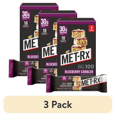 (3 pack) MET-Rx Big 100 High Protein Meal Replacement Bars, Blueberry Cobbler, 30g Protein, 3.52 oz, 4 Count