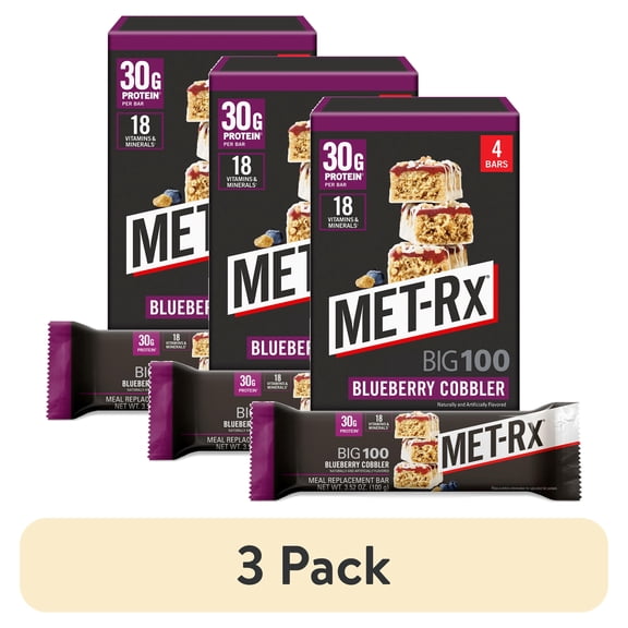(3 pack) MET-Rx Big 100 High Protein Meal Replacement Bars, Blueberry Cobbler, 30g Protein, 3.52 oz, 4 Count