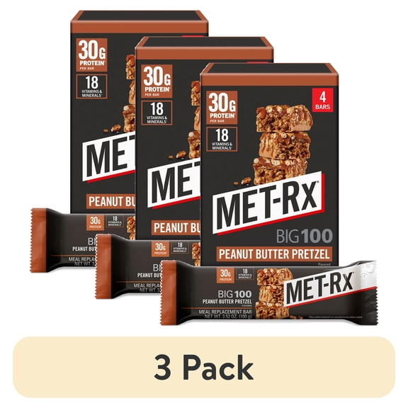 (3 pack) MET-Rx Big 100 High Protein Meal Replacement Bars, Peanut Butter Pretzel, 30g Protein, 3.52 oz, 4 Count