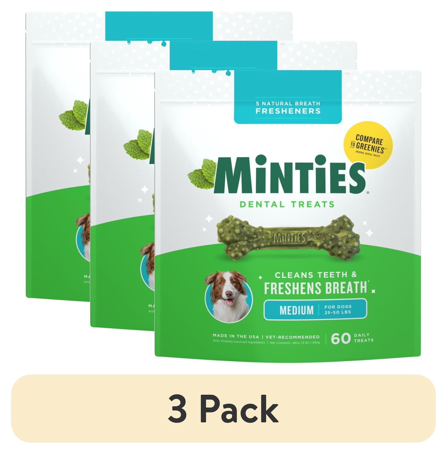 (3 pack) MINTIES Dog Dental Bone Treats, Dental Chews for Medium Dogs, 60 Count, Shelf-Stable