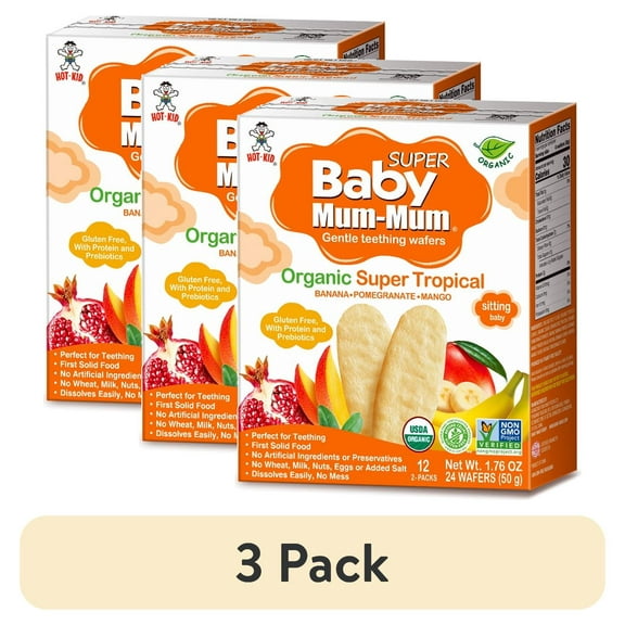 (3 pack) Baby Mum-Mum Organic Super Tropical Fruits Gentle Teething Wafers Baby Snack, 1.76 Oz Box (6 Pack)