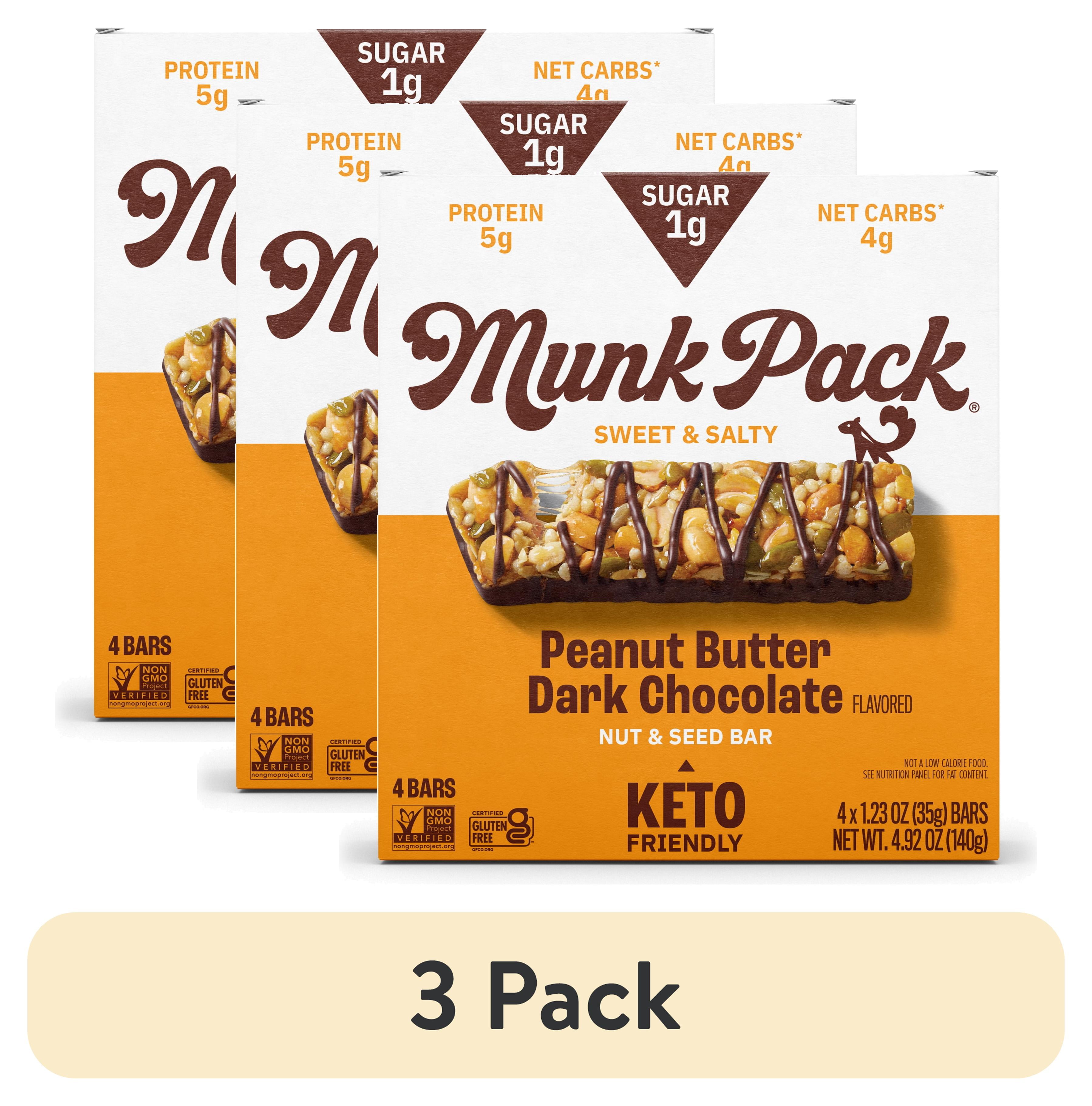 (3 pack) MUNK PACK 1g Sugar Nut & Seed Bars, Peanut Butter Dark Chocolate - Low Carb Keto Bars, Low Sugar Snacks, Gluten Free - Box, 4 Count, 1.23oz