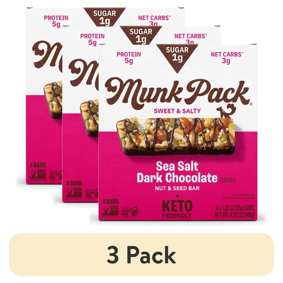 (3 pack) MUNK PACK 1g Sugar Nut & Seed Bars, Sea Salt Dark Chocolate - Low Carb Keto Bars, Low Sugar Snacks, Gluten Free - Box, 4 Count, 1.23oz