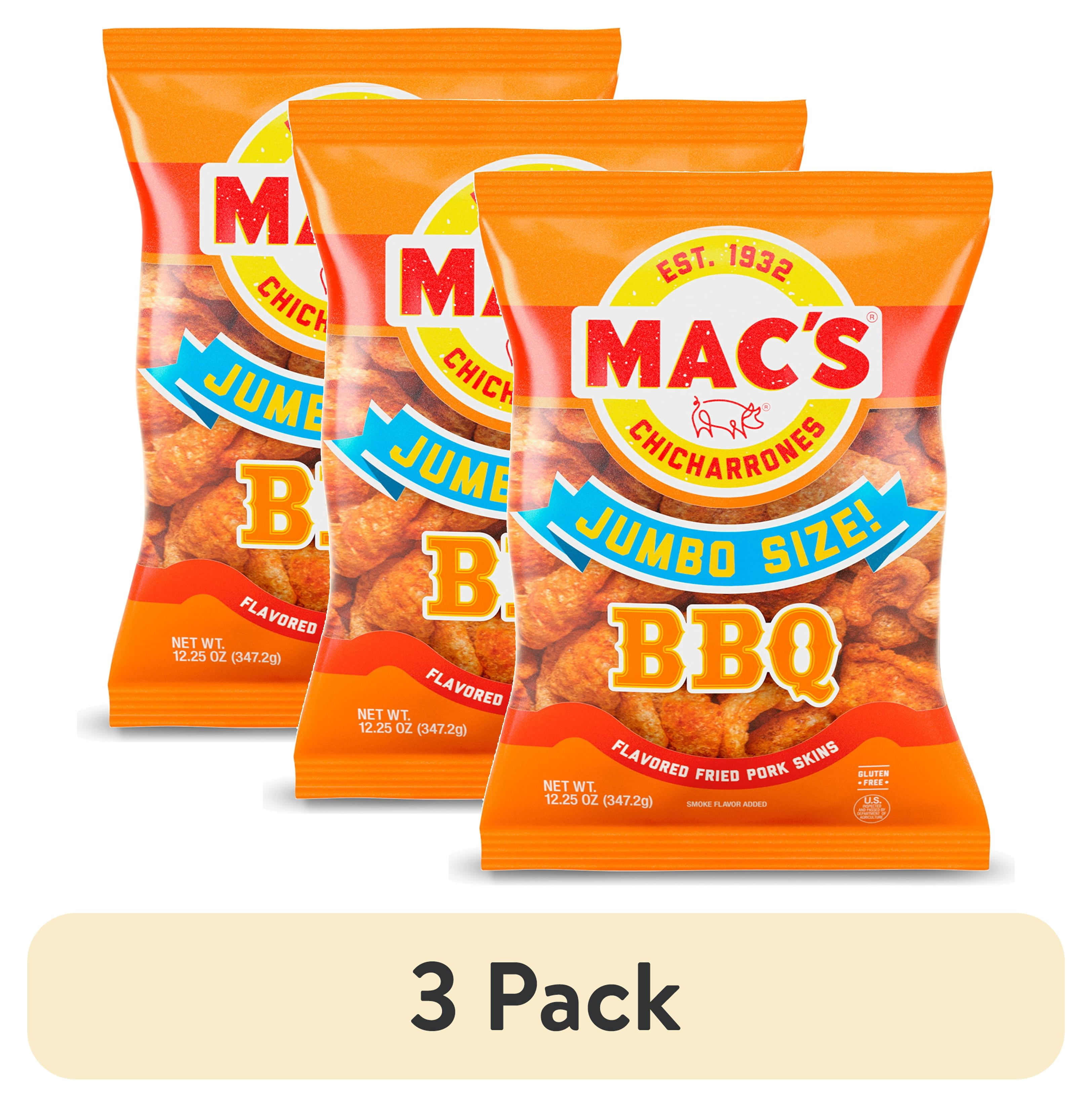 (3 pack) Mac's Chicharrones BBQ Flavored Fried Pork Rinds, Pork Skins, 12.25 oz Bag