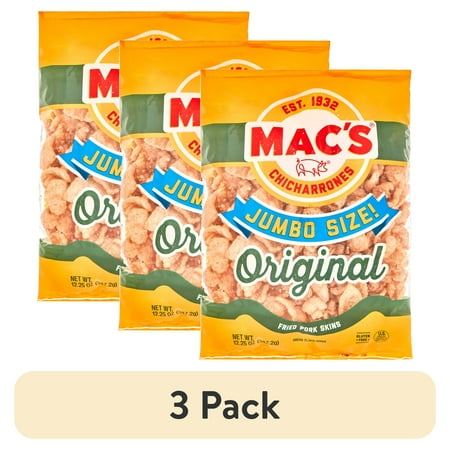 (3 pack) Mac's Original Crispy Fried Pork Skins, Party Size, 12.25 oz Bag