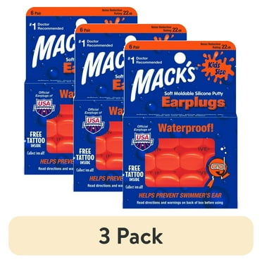 (3 pack) Mack's Soft Moldable Silicone Putty Ear Plugs - Kids Size, 6 Pair - Comfortable Small Earplugs for Swimming, Bathing, Travel, Loud Events and Flying