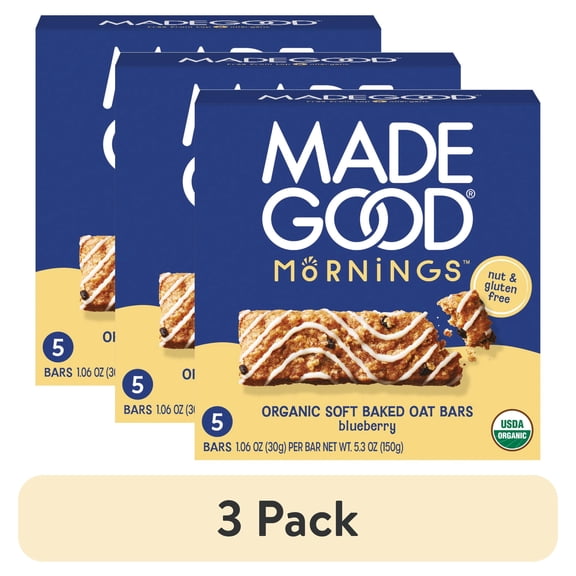 (3 pack) MadeGood Blueberry Morning Bar, 5 Healthy Breakfast Bars, 1.06 Oz Each