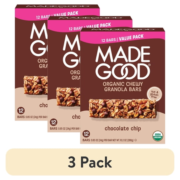 (3 pack) MadeGood Chocolate Chip Granola Bars, 12 Healthy Snack Bars, 0.85 oz Each