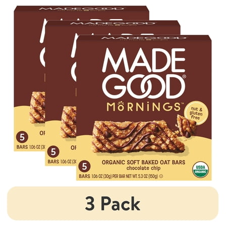 MadeGood Chocolate Chip Morning Bars, 5 Healthy Breakfast Bars, 1.06 Oz Each