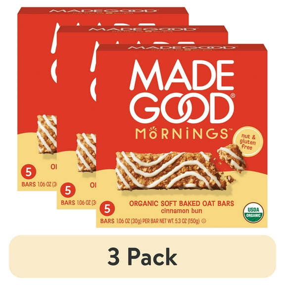 (3 pack) MadeGood Mornings Cinnamon Bun Breakfast Bars, 5 Count (1.06oz Each)