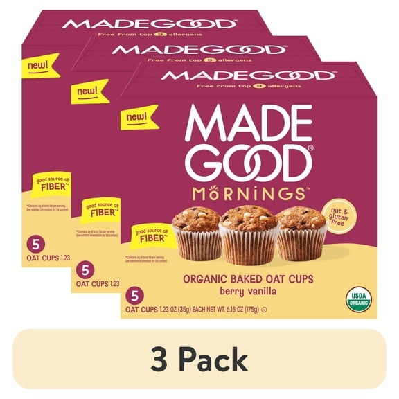 (3 pack) MadeGood Mornings Organic Berry Vanilla Baked Oat Cups, 5 Count, 1.23oz