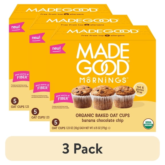 (3 pack) MadeGood Mornings Organic Chocolate Banana Baked Oat Cups, 5 Count, 1.23oz