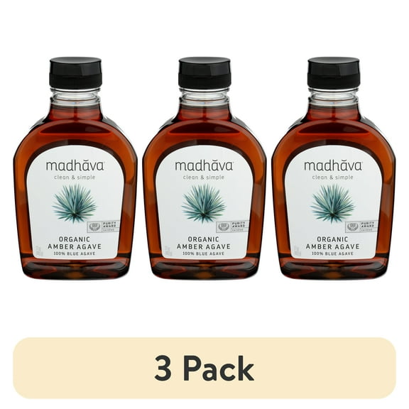 (3 pack) Madhava Agave Nectar Raw Amber Honey, Gluten Free, Shelf-Stable, 17oz Bottle