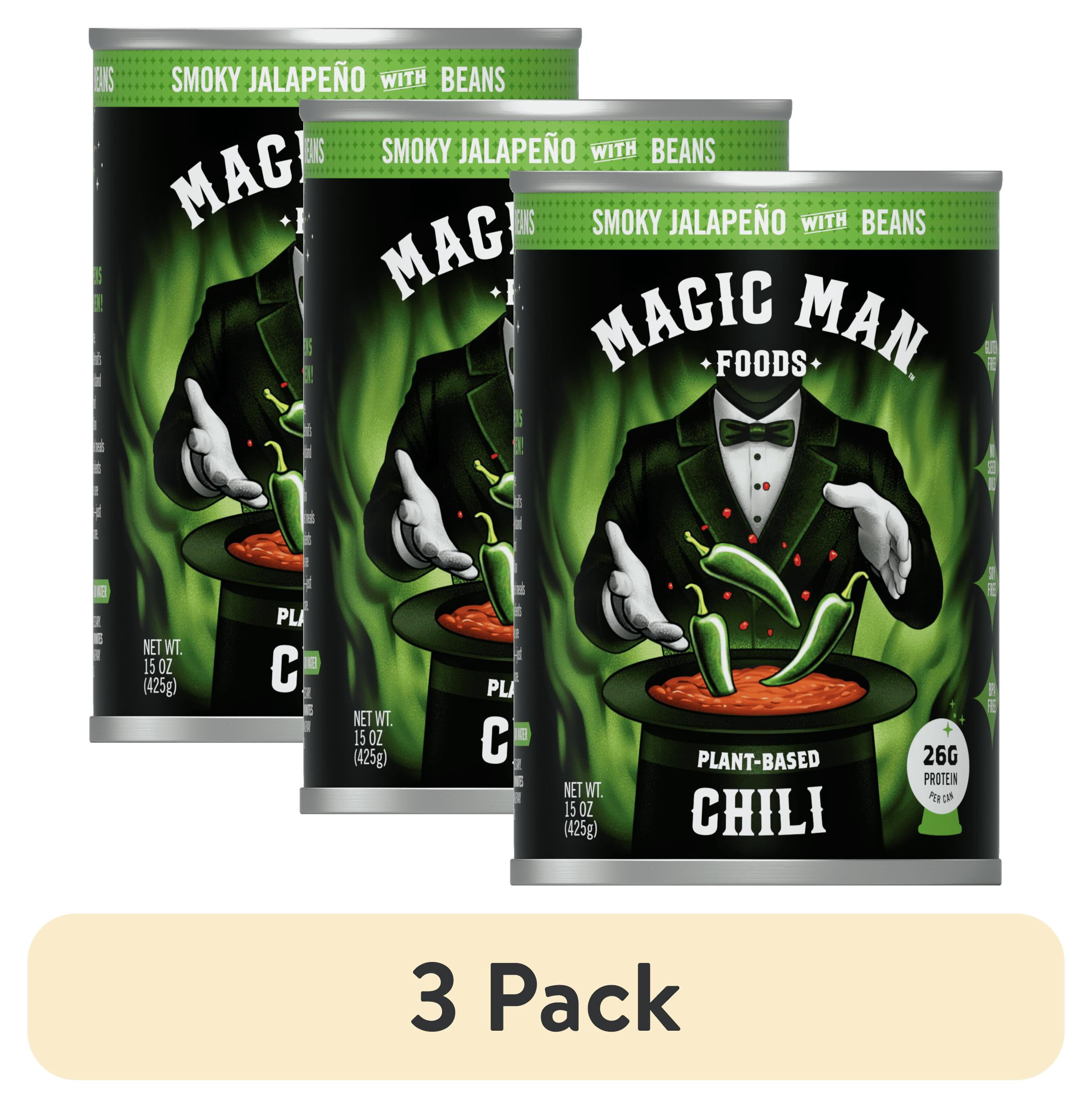 (3 pack) Magic Man Chili  – Plant‑Based Smokey Jalapeno Chili, 15 oz Can, Vegan, Gluten free, Soy free, Seed Oil free