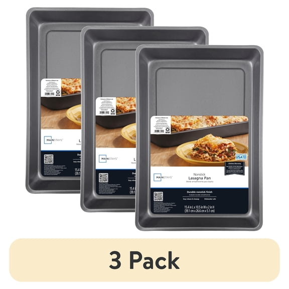 (3 pack) Mainstays 10.5 in x 15.4 in Nonstick Steel Lasagna Pan, Rectangle Baking Pan, Gray