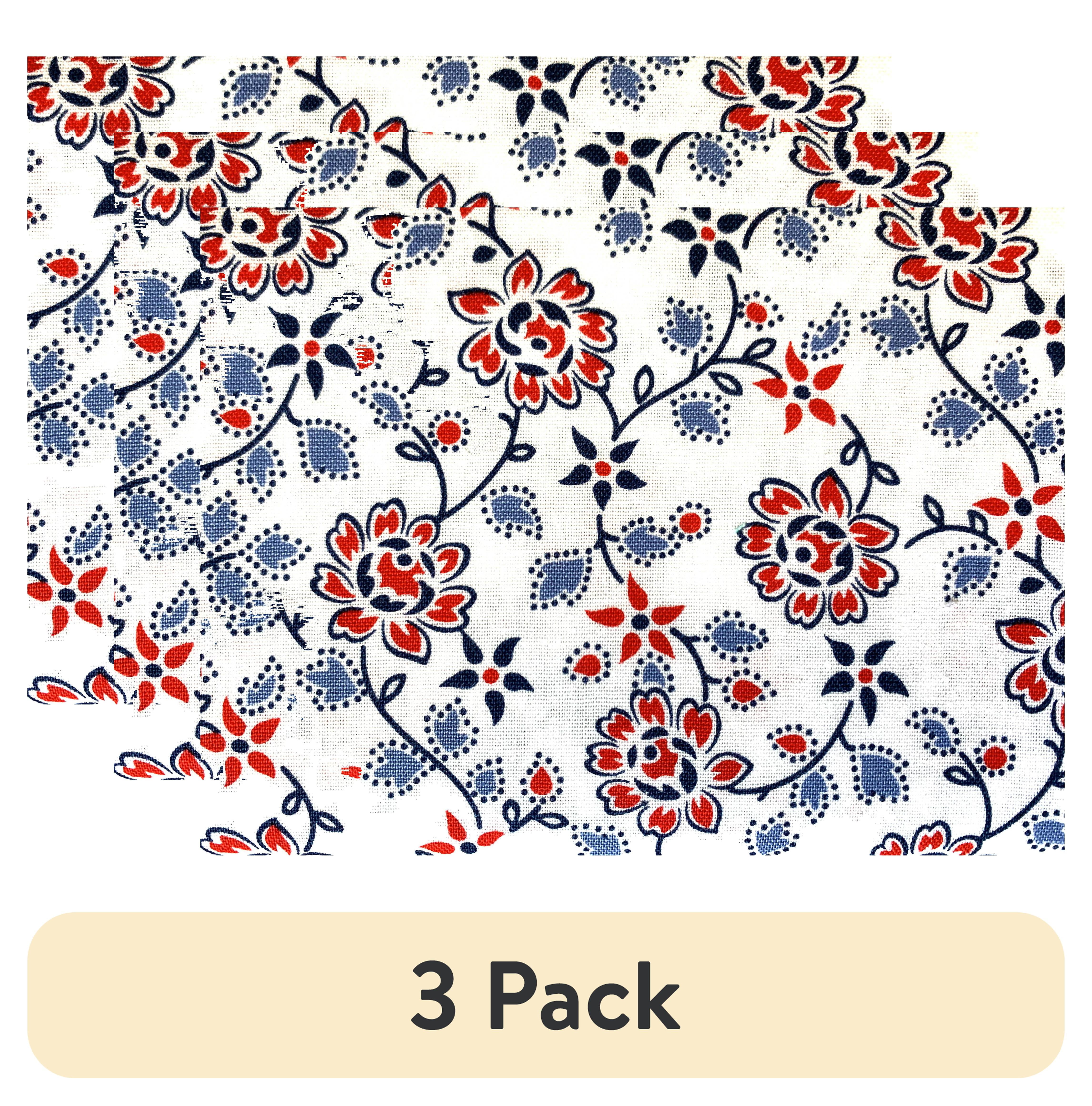 (3 pack) Mainstays 100% Cotton 1 Yard Precut Quilting Fabric, Blue & Red Floral