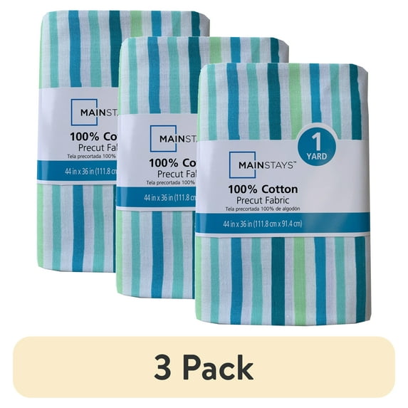 (3 pack) Mainstays 100% Cotton 1 Yard Precut Fabric Multi-color Aqua Stripe