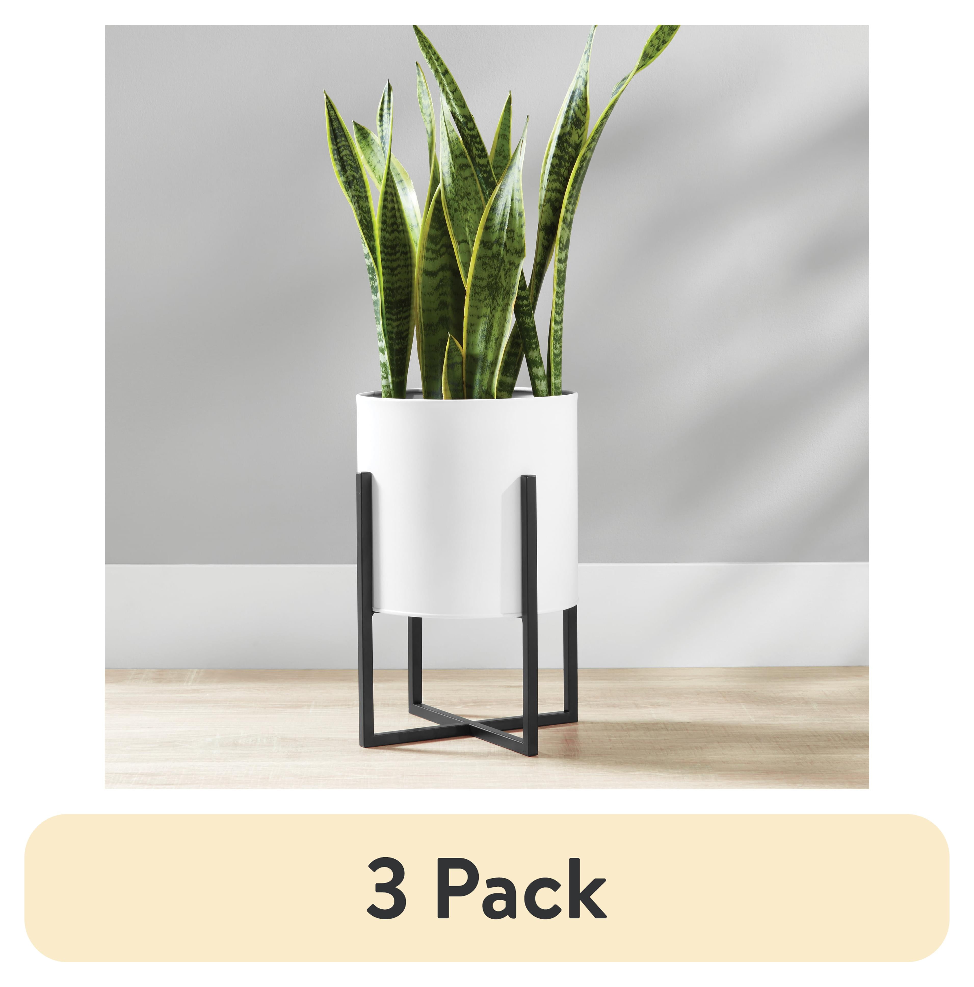 (3 pack) Mainstays 11 inch White Round Metal Planter with Black Metal Stand, 11 in Length x 15 in Height, Indoor