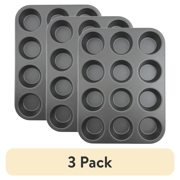 (3 pack) Mainstays 12-Cup Nonstick Muffin Pan, Cupcake Pan, 2.9" Diameter Cup, Gray, 1 Count