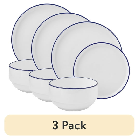(3 pack) Mainstays 12-Piece Blue Rim Stoneware Dinnerware Set