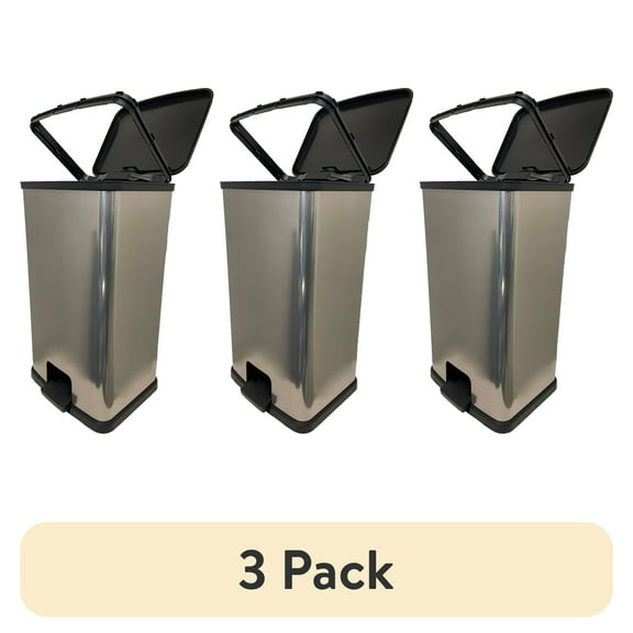 (3 pack) Mainstays Kitchen Trash Can, 13.2 Gallon Plastic Step Garbage Bin with Lid, Silver
