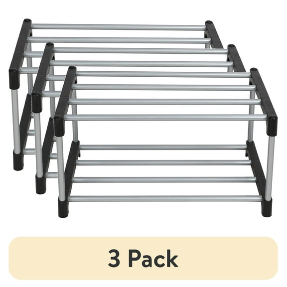 (3 pack) Mainstays 2-Tier Black and Silver Shoe Rack for Shoe Storage with Iron Poles & Plastic Connectors, Holds up to 4 Pairs