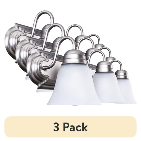 (3 pack) Mainstays 20" Traditional 3-Head Vanity Lights, Glass Shades, Satin Nickel A19 Bulbs Not Included