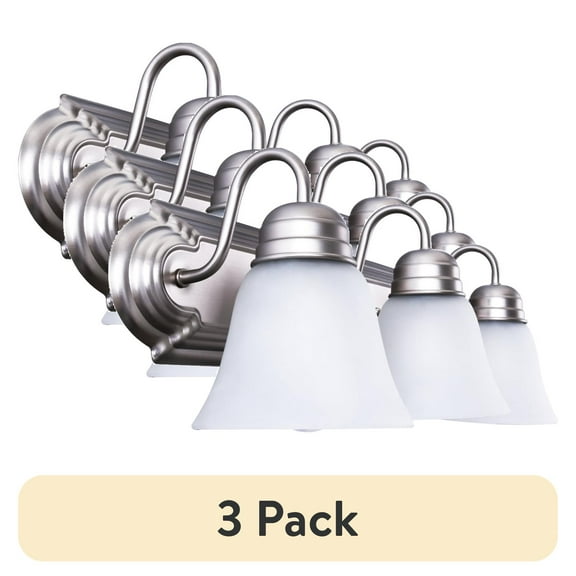 (3 pack) Mainstays 20" Traditional 3-Head Vanity Lights, Glass Shades, Satin Nickel A19 Bulbs Not Included