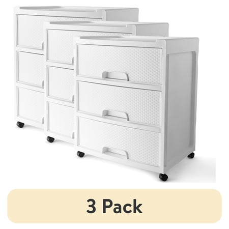 (3 pack) Mainstays 3 Drawer Wide Diamond Arctic White Plastic Storage Cart