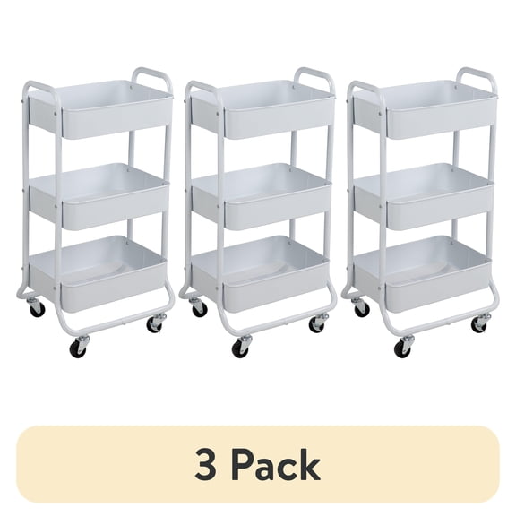 (3 pack) Mainstays 3-Tier Metal Laundry Cart, Arctic White, Rolling