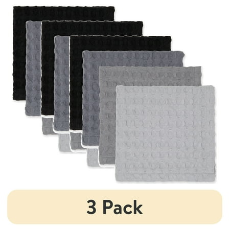 (3 pack) Mainstays 4 Piece Waffle Dishcloth Set, 100% Cotton, Gray