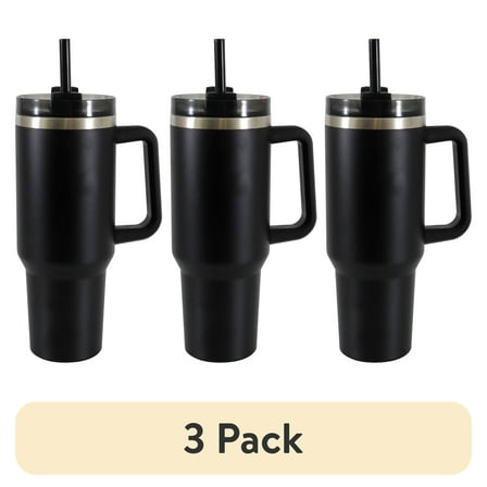 (3 pack) Mainstays 40 oz Stainless Steel Tumbler with Straw and Handle, Double Wall Insulated, Black