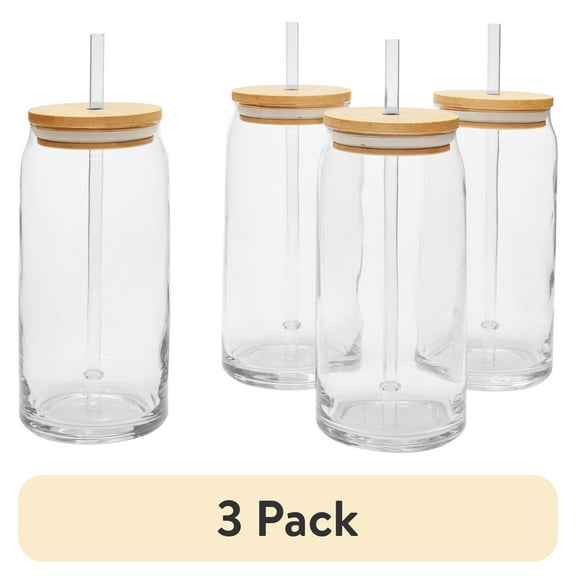 (3 pack) Mainstays Briar Can Glass Drinkware with Lids & Straws, Set of 4