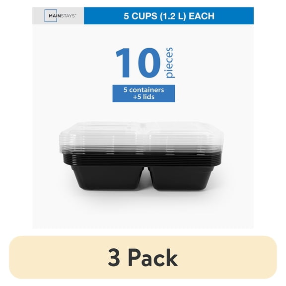 (3 pack) Mainstays 10-Piece 3-Compartment Meal Prep Container Set, 5 Containers 5 Lids, BPA-Free, Leak-Resistant