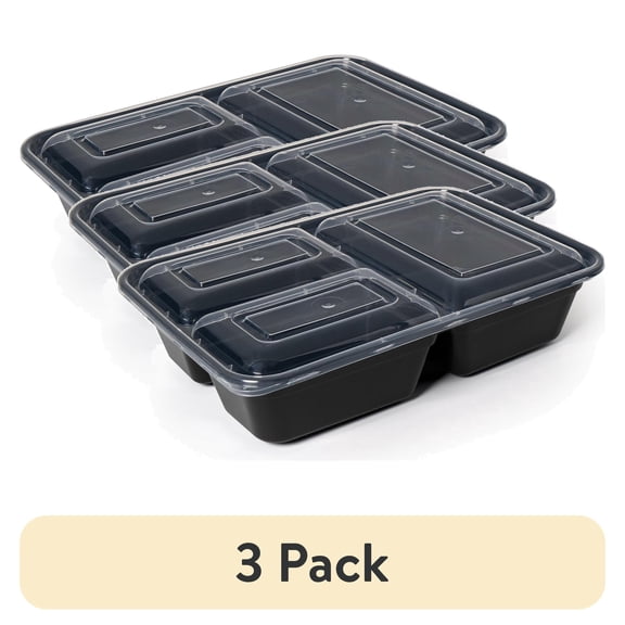 (3 pack) Mainstays 5-Pack Meal Prep Containers with 3 Compartments, BPA-Free, Leak-Resistant, Microwave and Dishwasher Safe