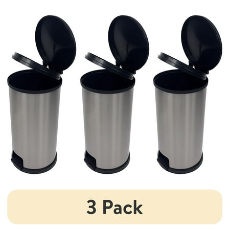 (3 pack) Mainstays Kitchen Trash Can, 7.9 Gallon Plastic Step Garbage Bin with Lid, Silver