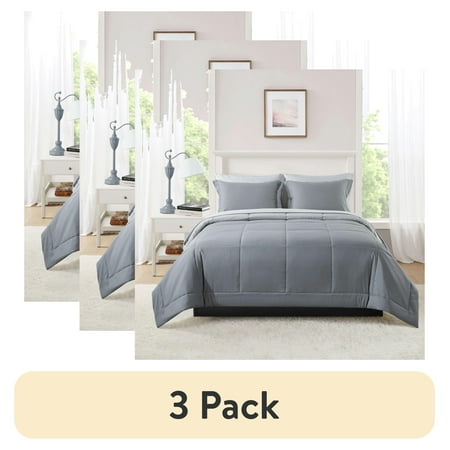 (3 pack) Mainstays 7-Piece Reversible Bed in a Bag Comforter Set with Sheets, Gray, Queen