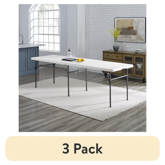 (3 pack) Mainstays 8 ft Fold-in-Half Folding Table, White, Indoor/Outdoor