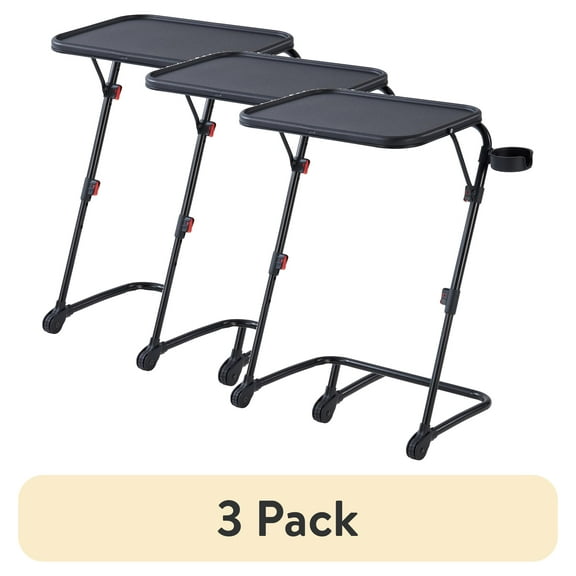 (3 pack) Mainstays Adjustable Folding TV Tray with Cup Holder Black, 20.87"W x 14.76"D x 27.76"H