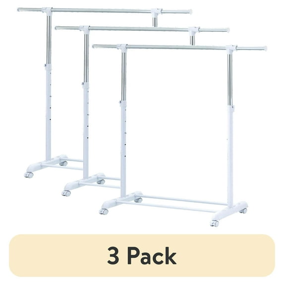 (3 pack) Mainstays Adjustable Rolling Garment Rack Metal Chrome, White, 84-121Wx44Dx123.5-163Hcm