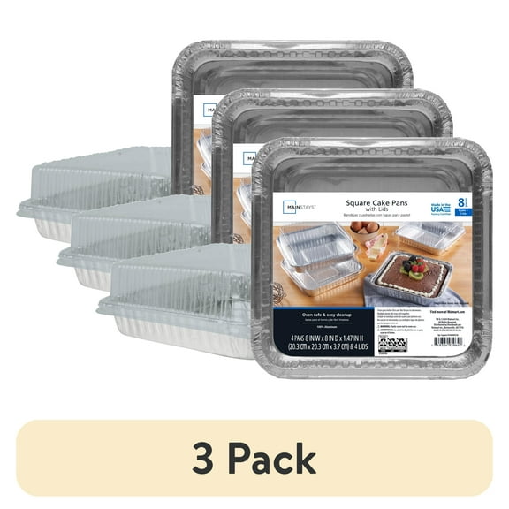 (3 pack) Mainstays 8" Aluminum Square Cake Pans with Lids, 4 Count