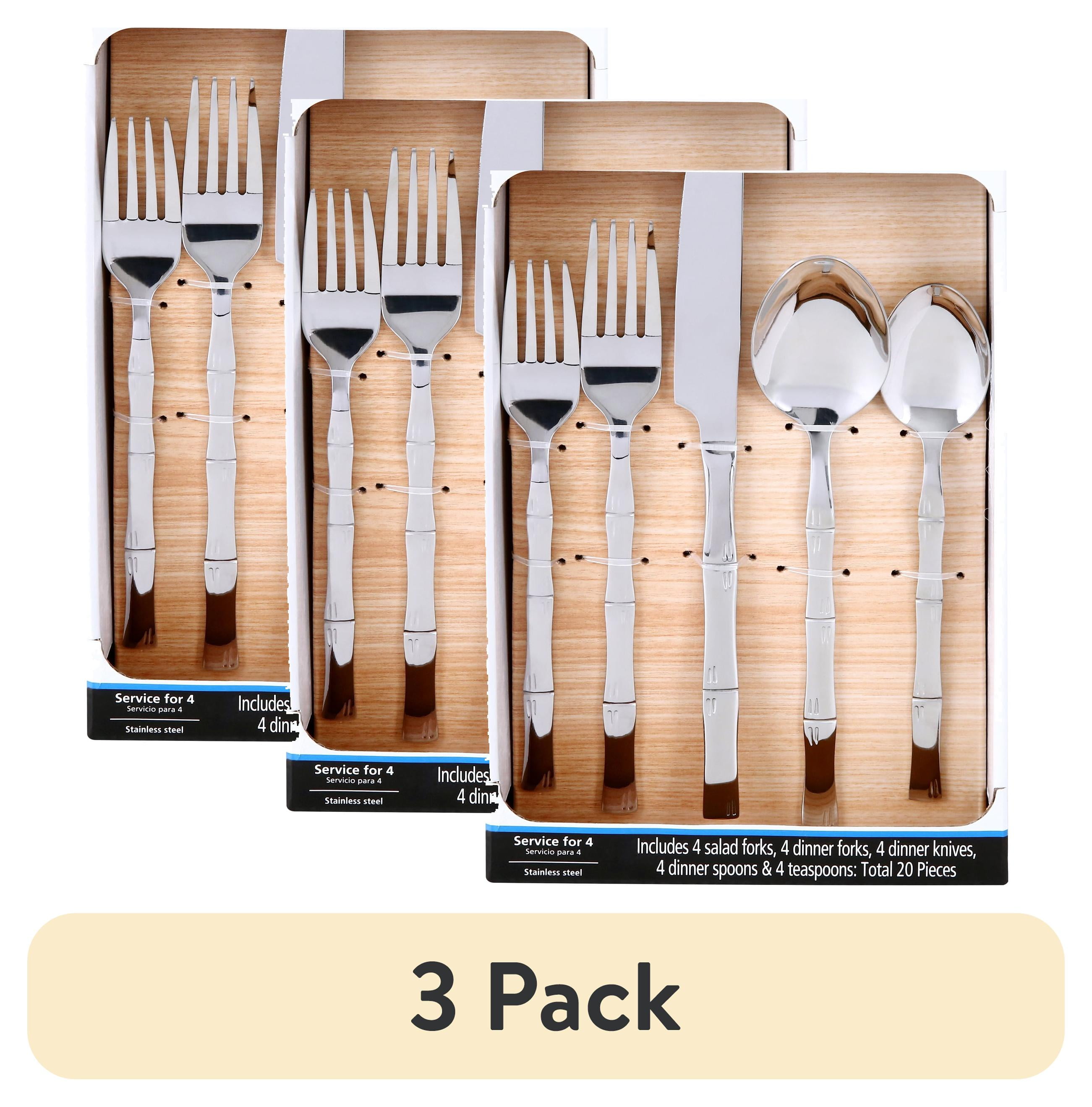(3 pack) Mainstays Bamboo Design Stainless Steel Flatware Set, 20 Pieces, Service for 4 Adults