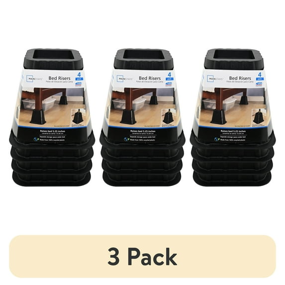 (3 pack) Mainstays Black Plastic Bed Risers to Raise Your Bed for Storage, 4 Pack, 6.50 in x 6.50 in x 6 in