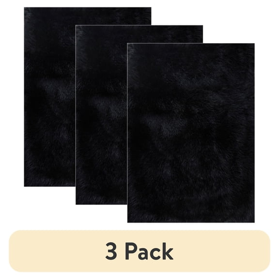 (3 pack) Mainstays Black Faux Fur  Non-Skid Fluffy Floor Rug for Living Room, 30"x46"