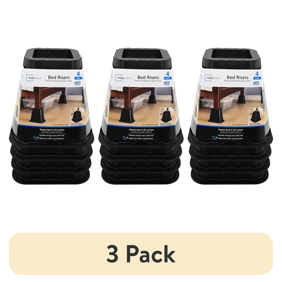 (3 pack) Mainstays Black Plastic Bed Risers to Raise Your Bed for Storage, 4 Pack, 6.50 in x 6.50 in x 6 in